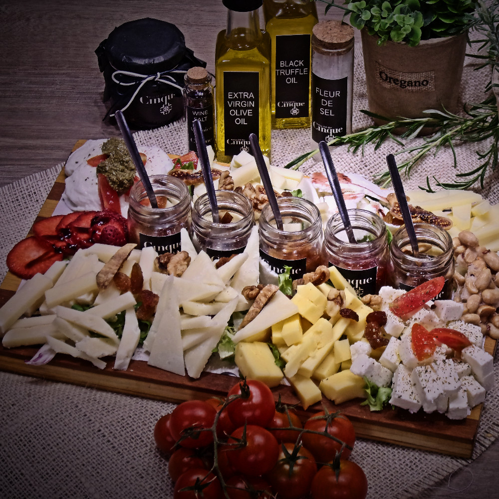 Cheese platter greek products PDO homemade chutneys Cinque wine bar Athens