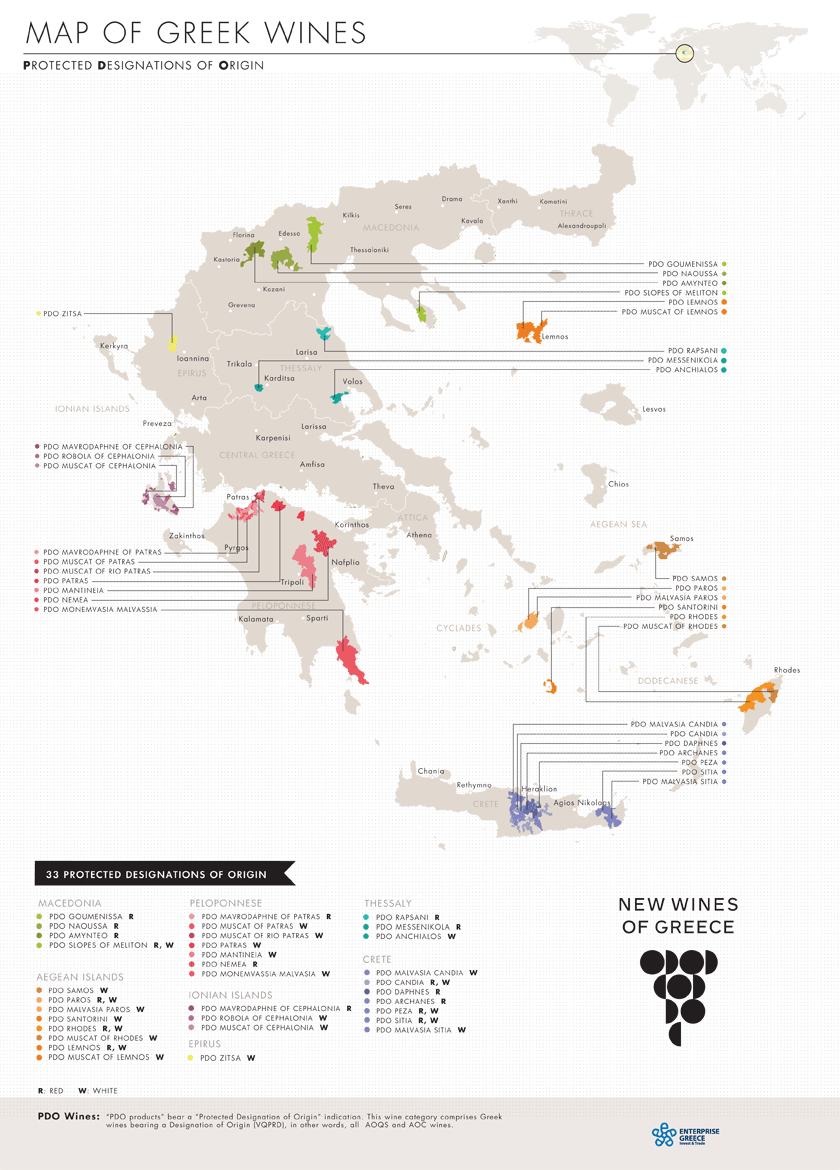 Map of greek wines PDO Cinque wine bar