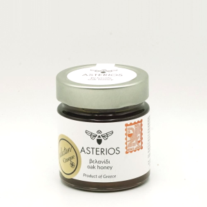 A jar of Raw Unfiltered Monovarietal Greek Oak Honey from Cinque Selections