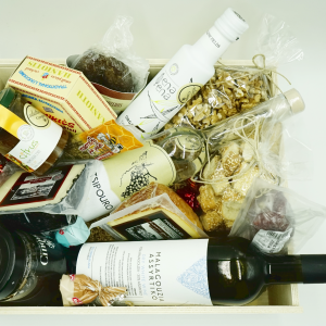 Wooden Crate with Wine, Tsipouro, Cheese & Charcuterie
