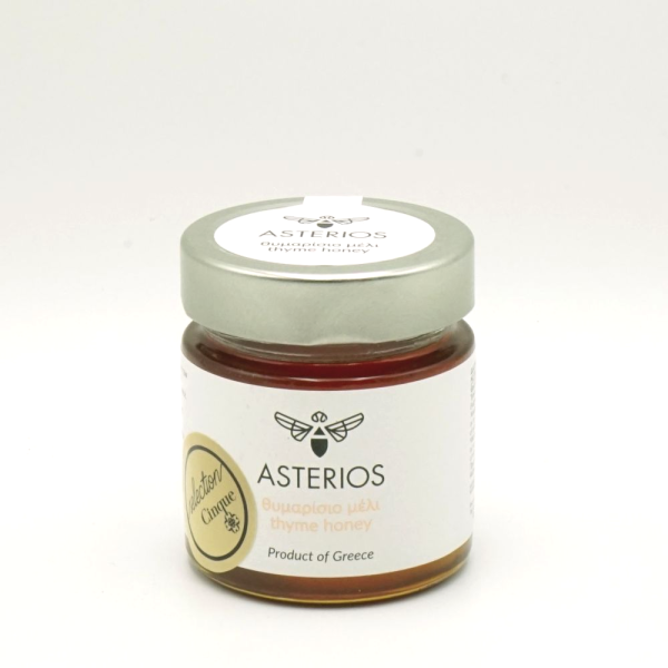 A jar of Raw Unfiltered Monovarietal Greek Thyme Honey from Cinque Selections.