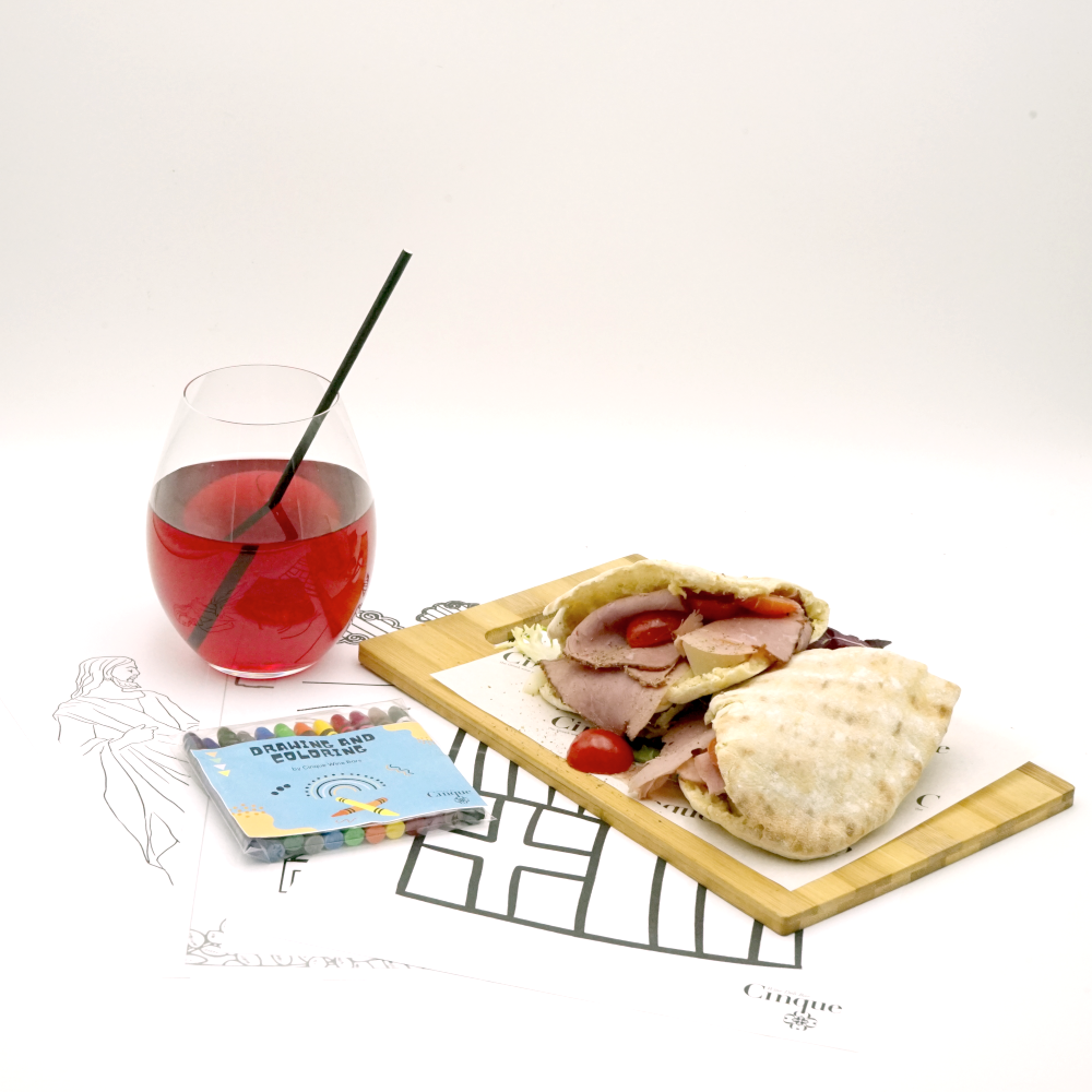 Cinque Wine Bar Monastiraki Kid's Menu Photograph Includes juice, a panini and coloring book