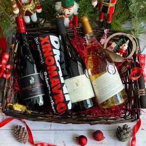 Straw Basket with 3 Xinomavro Wines & Jesus Drank Xinomavro T-Shirt